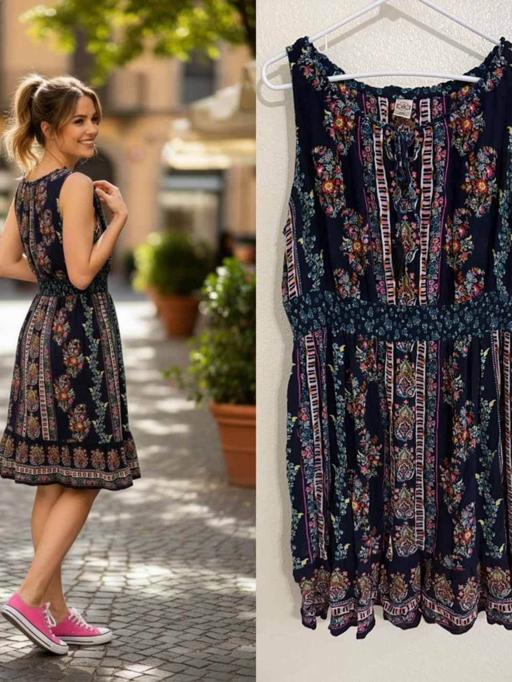 Bila Boho Floral Dress XXL Navy Sleeveless Smocked Waist Flowy Summer Mini
